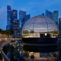 Appearing as a floating sphere, Apple Marina Bay Sands is the first Apple store to sit directly on the water.